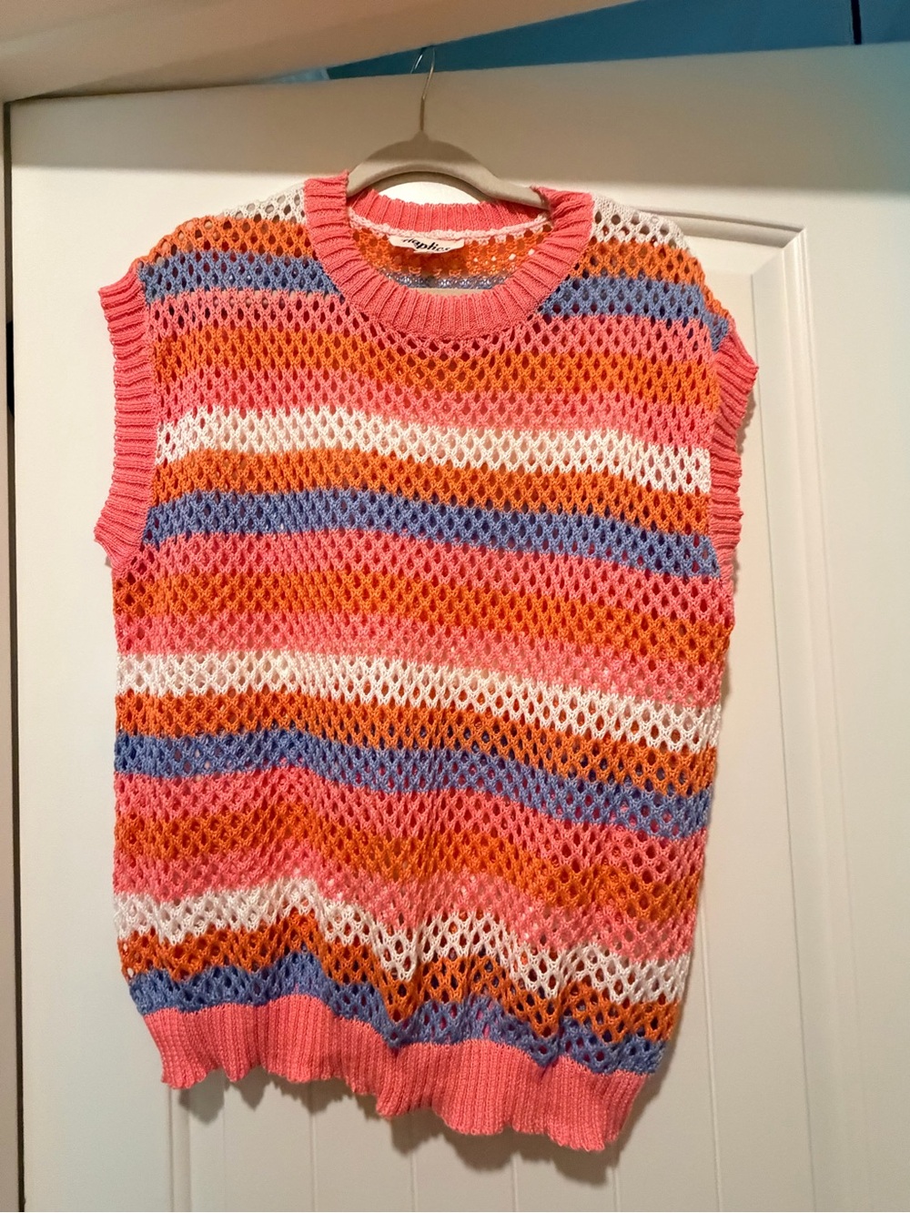 Mesh Stripe Sleeveless Knit Tank Top - Pink/Orange/White